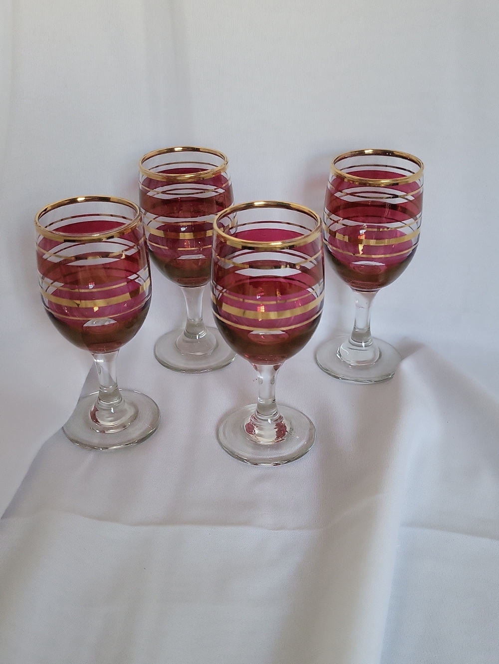 Vintage MCM Gold-Trimmed Ruby Red Barware Stemmed Sherry Shot Glasses - Set of 4